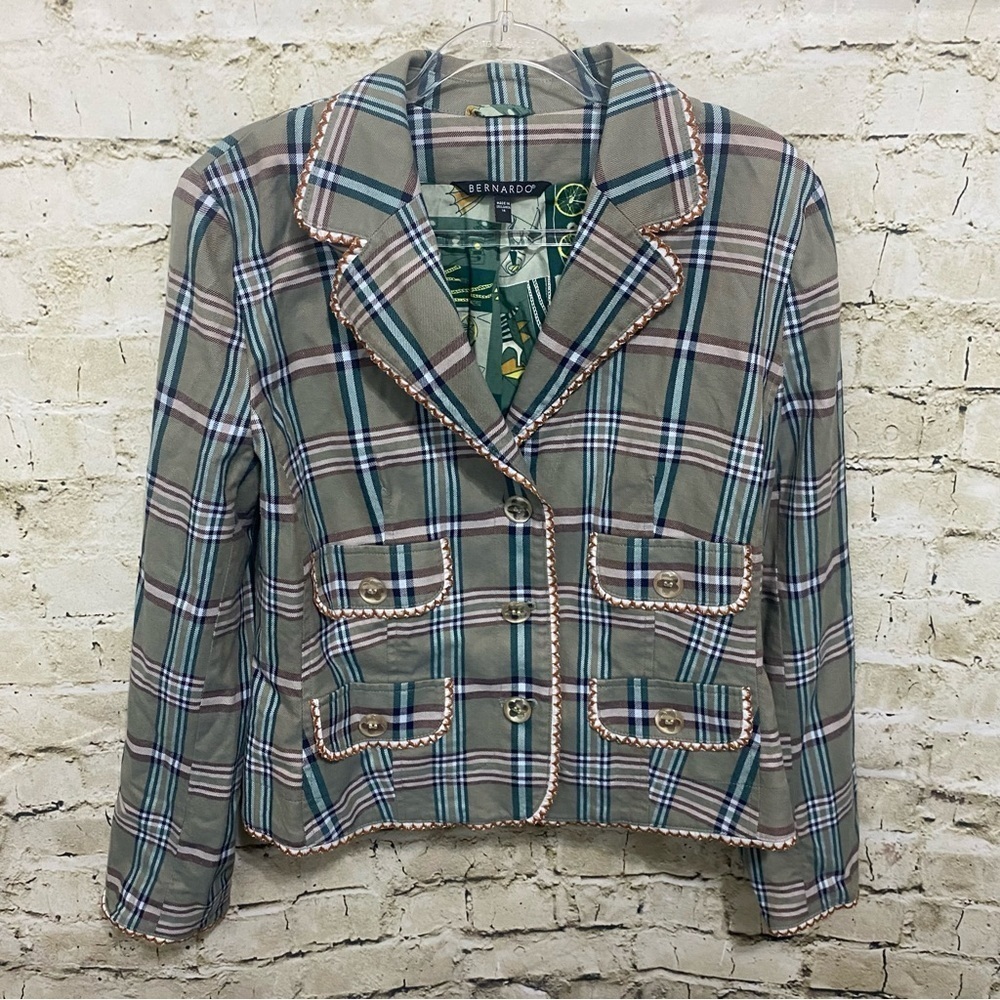 Bernardo Green Plaid Bicycle Print Lace Blazer Jacket